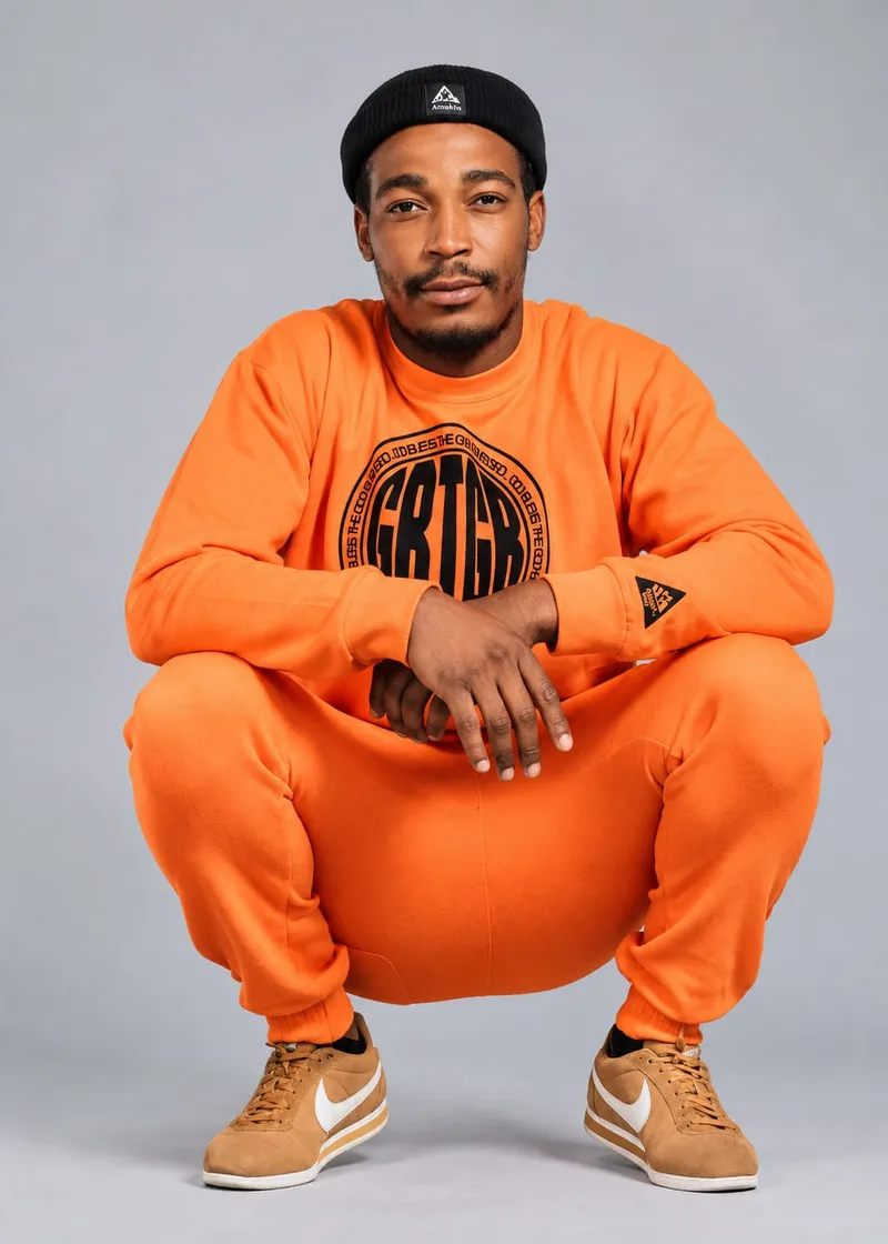 Orange sweatshirt and joggers set with the black Amandla beanie