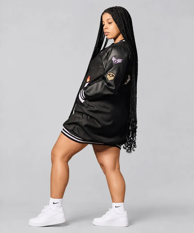 Oversized all-black varsity jacket worn as a dress